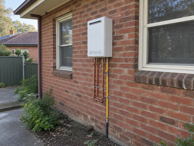 Wall mounted hot water system on a red brick house exterior with copper and gas pipework in Adamstown